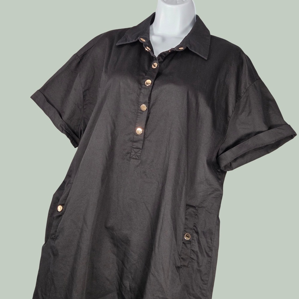 Pomander Place Women Large Oakley Shirt Dress Black Short Sleeve Gold Button